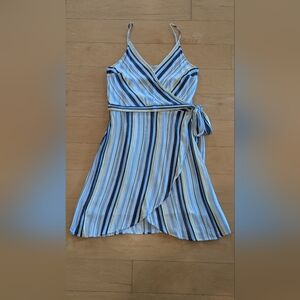 EUC Loft Striped Sleeveless Strappy Wrap Dress, Size 14, White, Blue, & Yellow